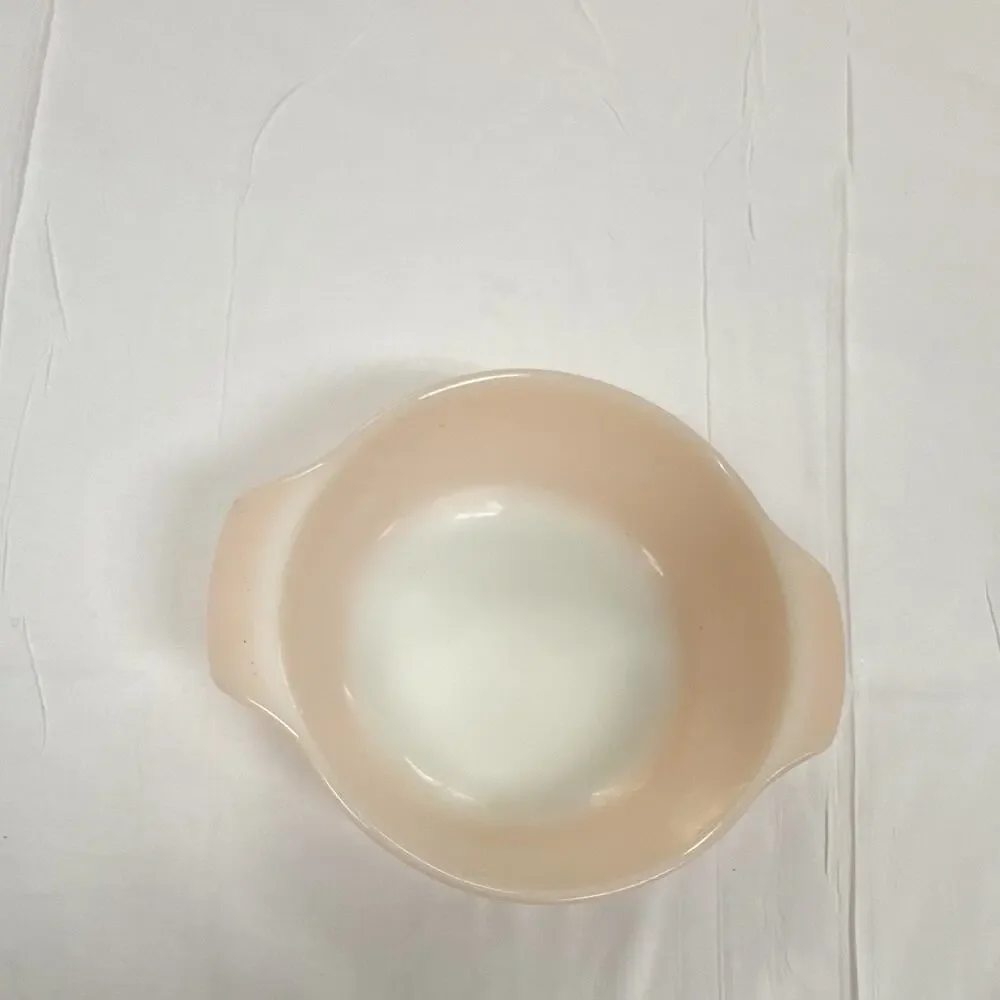 Fire king Round Pink/White Glass Casserole Dish w/ Handles, Glossy Finish, 9 in